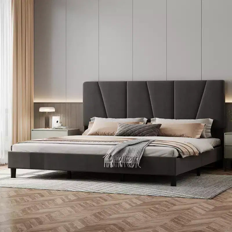 Struttura Letto Matrimoniale King Size Regolabile con Testiera Imbottita in Lino, Letto a Piattaforma Robusto con Doghe in Legno, Nessuna Rete a Molle Necessaria, Base Materasso Inclusa