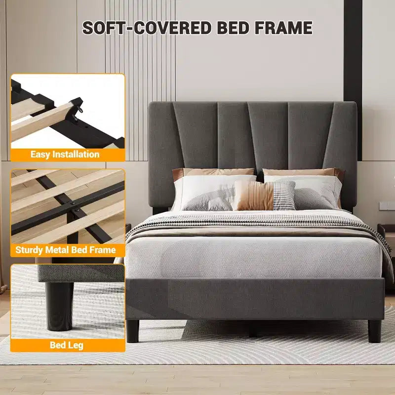 Struttura Letto Matrimoniale King Size Regolabile con Testiera Imbottita in Lino, Letto a Piattaforma Robusto con Doghe in Legno, Nessuna Rete a Molle Necessaria, Base Materasso Inclusa