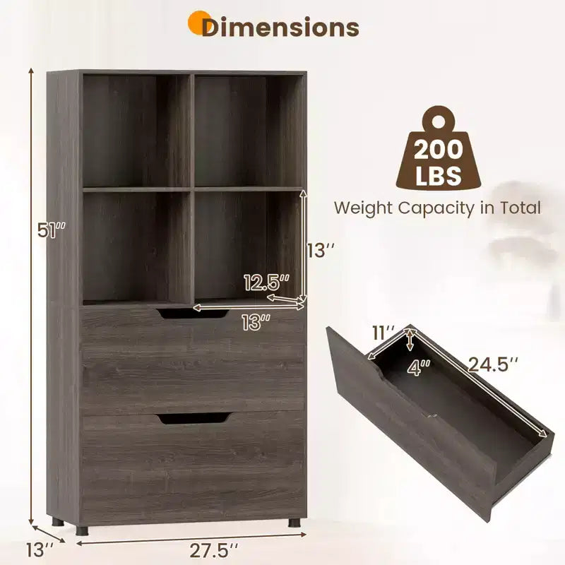 2 PZ 51 Scaffale a 5 ripiani e 4 cubi con 2 cassetti per soggiorno, studio, ufficio, nero/bianco