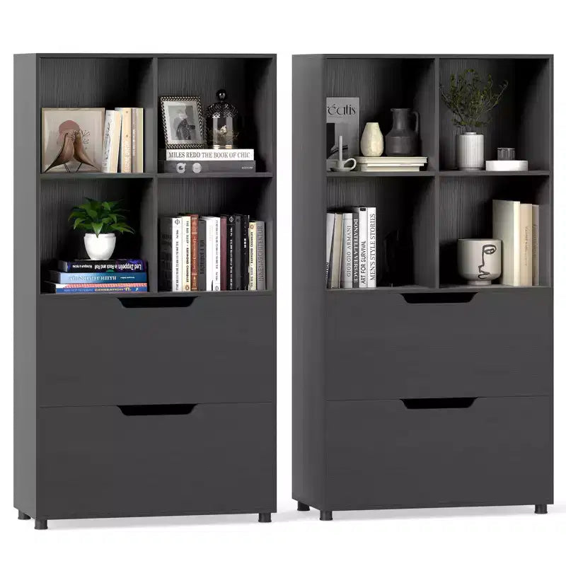 Costway 2PCS 51 5-Tier 4-Cube Bookcase with 2 Drawers for Living Room, Study, Home Office Black/White