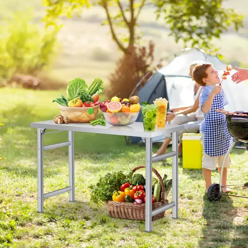 Tavolo pieghevole in acciaio inox - adatto per casa, cucina, sala da pranzo e uso esterno; portata 235 kg; strato singolo senza ripiano inferiore.