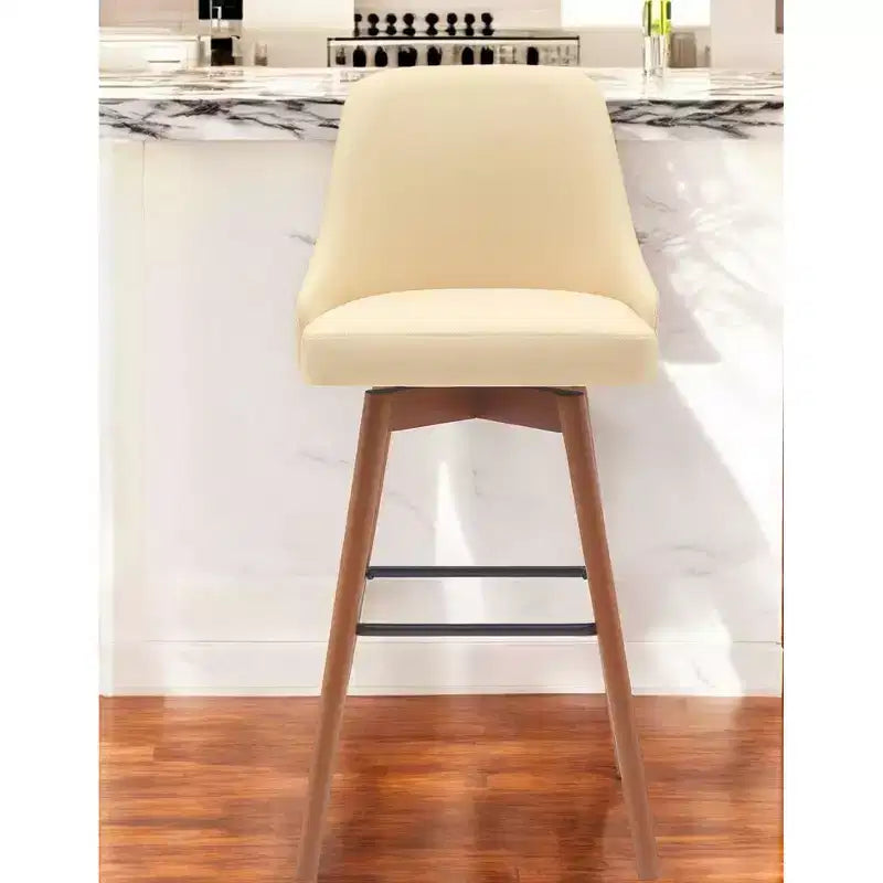 30 Sedie da Bar Girevoli Color Crema e Legno Marrone in Similpelle con Struttura in Legno Massello Altezza Bancone