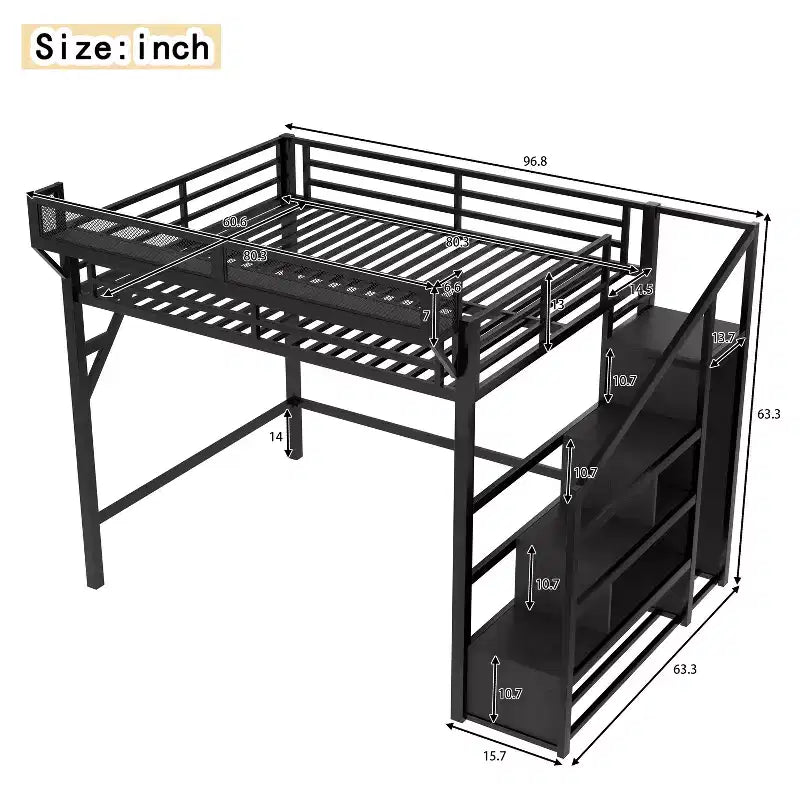 Letto a soppalco Queen con scala contenitore, mensole e armadio integrato, struttura con porte USB, design a bassa rumorosità, nero