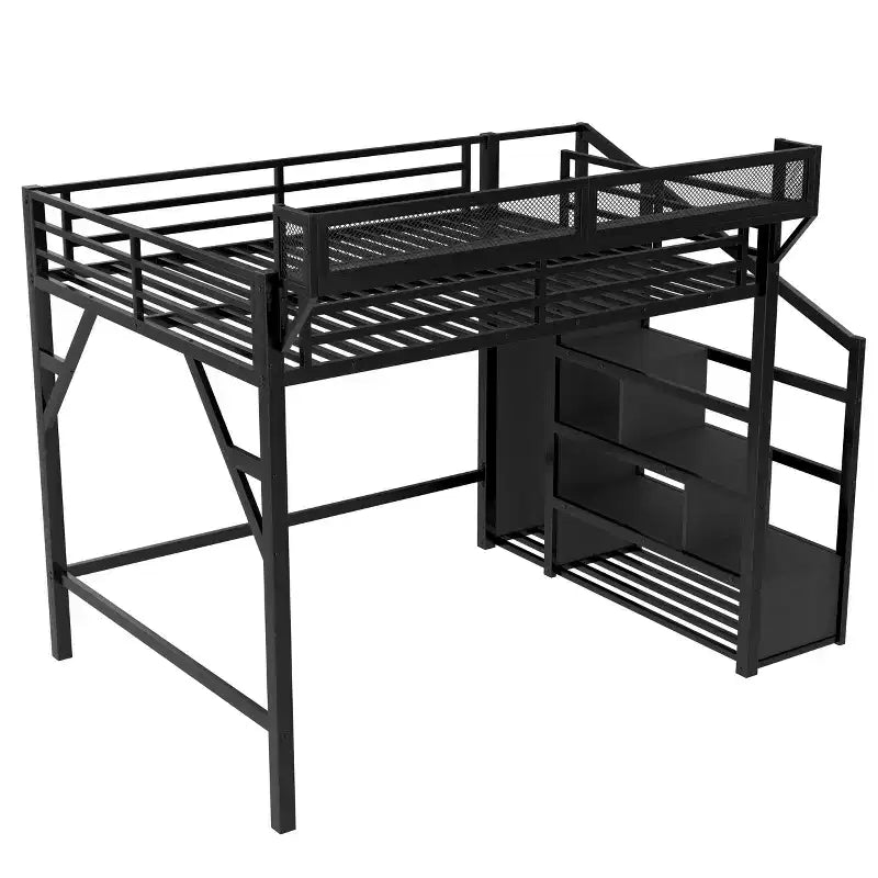 Letto a soppalco Queen con scala contenitore, mensole e armadio integrato, struttura con porte USB, design a bassa rumorosità, nero