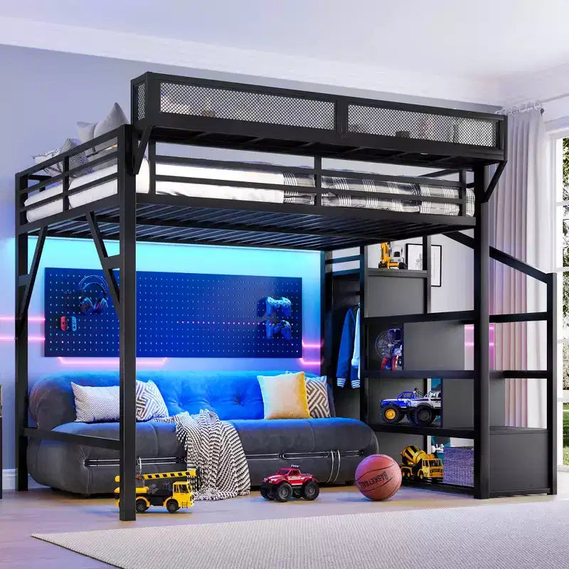 Letto a soppalco Queen con scala contenitore, mensole e armadio integrato, struttura con porte USB, design a bassa rumorosità, nero
