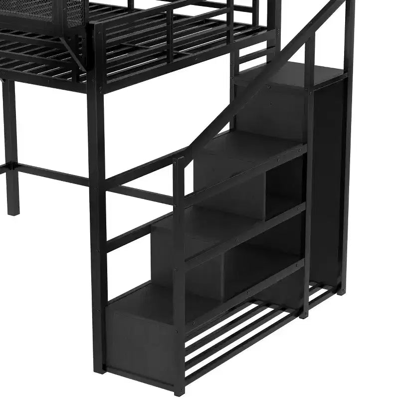 Letto a soppalco Queen con scala contenitore, mensole e armadio integrato, struttura con porte USB, design a bassa rumorosità, nero
