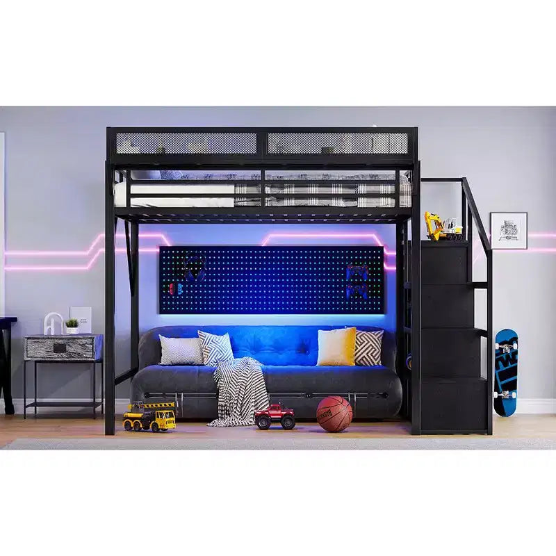 Letto a soppalco Queen con scala contenitore, mensole e armadio integrato, struttura con porte USB, design a bassa rumorosità, nero