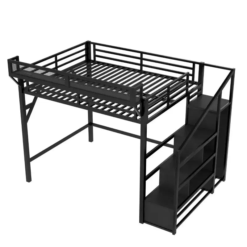 Letto a soppalco Queen con scala contenitore, mensole e armadio integrato, struttura con porte USB, design a bassa rumorosità, nero
