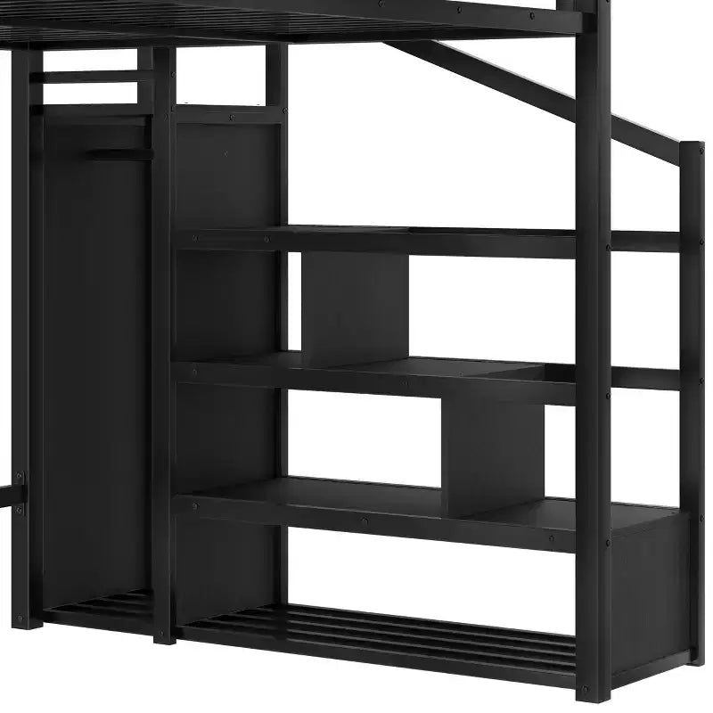 Letto a soppalco Queen con scala contenitore, mensole e armadio integrato, struttura con porte USB, design a bassa rumorosità, nero