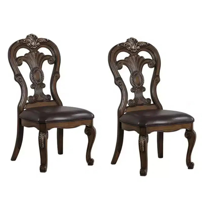 Set di 2 sedie da pranzo laterali, mensole intagliate, corona con punta dorata, legno marrone