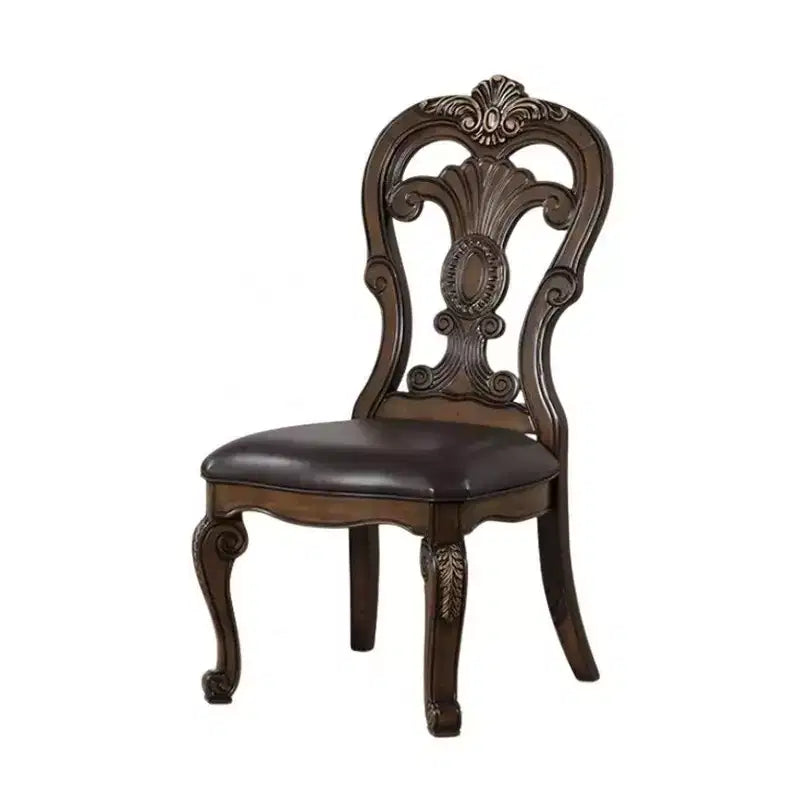 Set di 2 sedie da pranzo laterali, mensole intagliate, corona con punta dorata, legno marrone