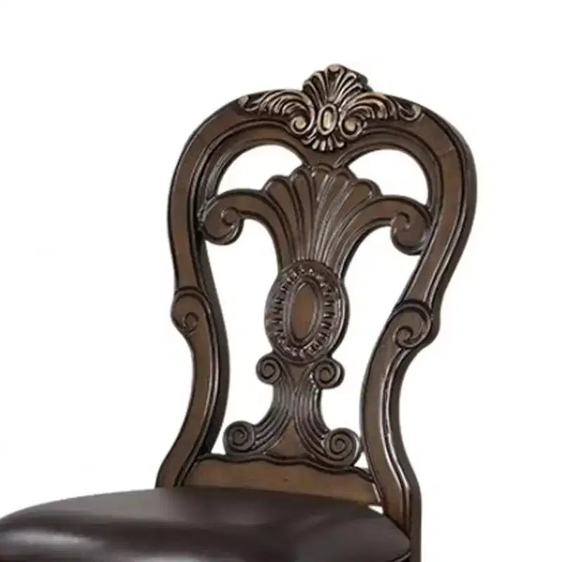 Set di 2 sedie da pranzo laterali, mensole intagliate, corona con punta dorata, legno marrone