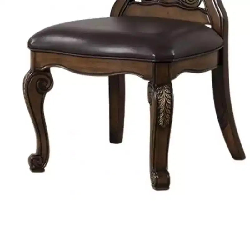 Set di 2 sedie da pranzo laterali, mensole intagliate, corona con punta dorata, legno marrone