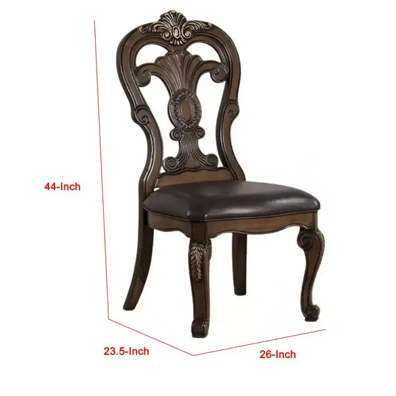 Set di 2 sedie da pranzo laterali, mensole intagliate, corona con punta dorata, legno marrone