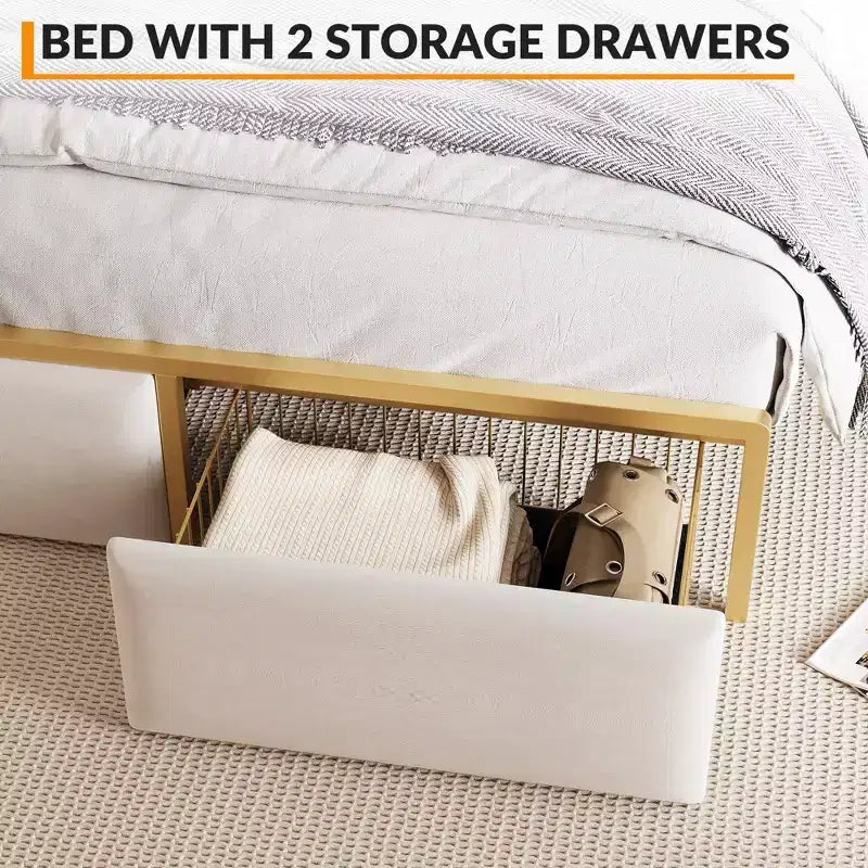 Struttura Letto, Testiera con Contenitore e 2 Cassetti Contenitori, Letto a Piattaforma Imbottito, Silenzioso, Nessuna Molla Necessaria, Facile Montaggio