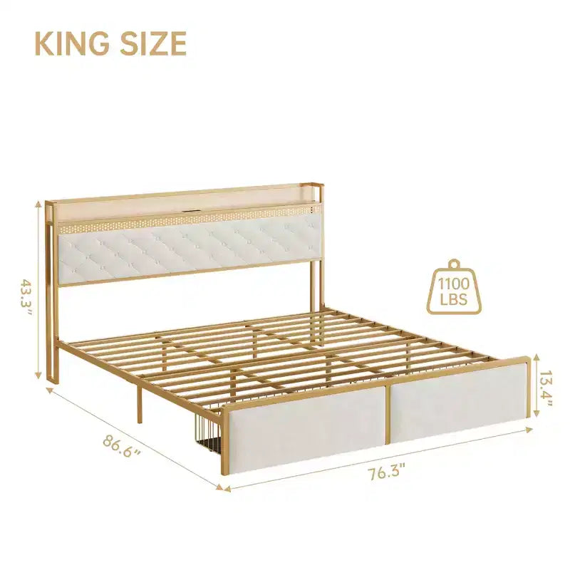 Struttura Letto, Testiera con Contenitore e 2 Cassetti Contenitori, Letto a Piattaforma Imbottito, Silenzioso, Nessuna Molla Necessaria, Facile Montaggio