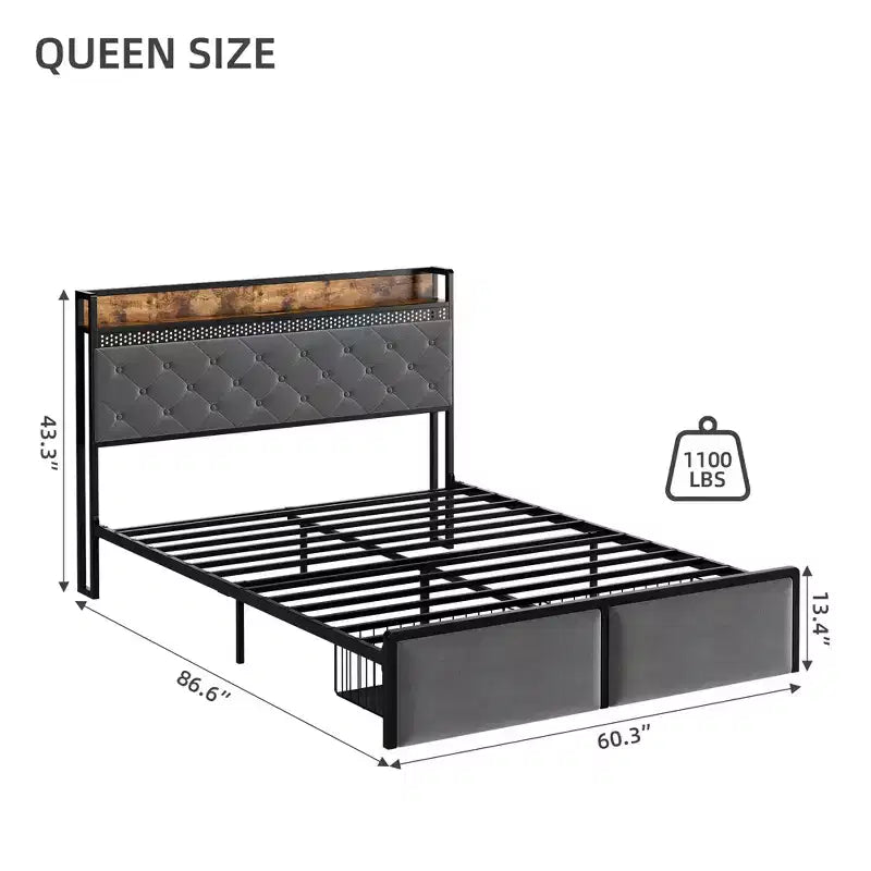 Struttura Letto, Testiera con Contenitore e 2 Cassetti Contenitori, Letto a Piattaforma Imbottito, Silenzioso, Nessuna Molla Necessaria, Facile Montaggio