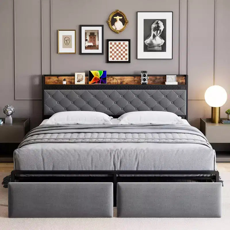 Bed Frame, Storage Headboard and 2 Storage Drawers, Upholstered Platform Bed, Noise Free, No Box Spring Needed, Easy Assembly