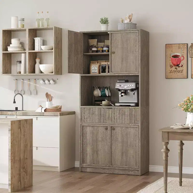 Dispensa Alta 70 con Piano di Lavoro, Mobili Alti Scanalati con Ante e Cassetto, per Bagno, Sala da Pranzo, Soggiorno