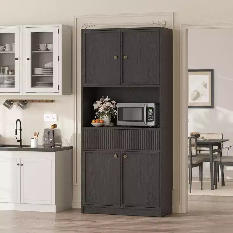 Dispensa Alta 70 con Piano di Lavoro, Mobili Alti Scanalati con Ante e Cassetto, per Bagno, Sala da Pranzo, Soggiorno
