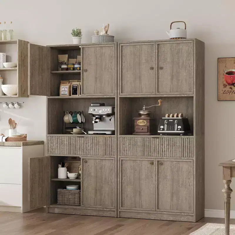 Dispensa Alta 70 con Piano di Lavoro, Mobili Alti Scanalati con Ante e Cassetto, per Bagno, Sala da Pranzo, Soggiorno