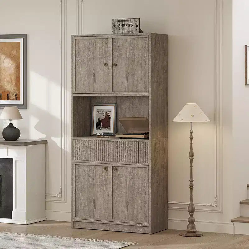 Dispensa Alta 70 con Piano di Lavoro, Mobili Alti Scanalati con Ante e Cassetto, per Bagno, Sala da Pranzo, Soggiorno