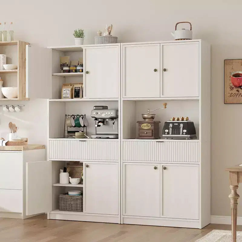 Dispensa Alta 70 con Piano di Lavoro, Mobili Alti Scanalati con Ante e Cassetto, per Bagno, Sala da Pranzo, Soggiorno