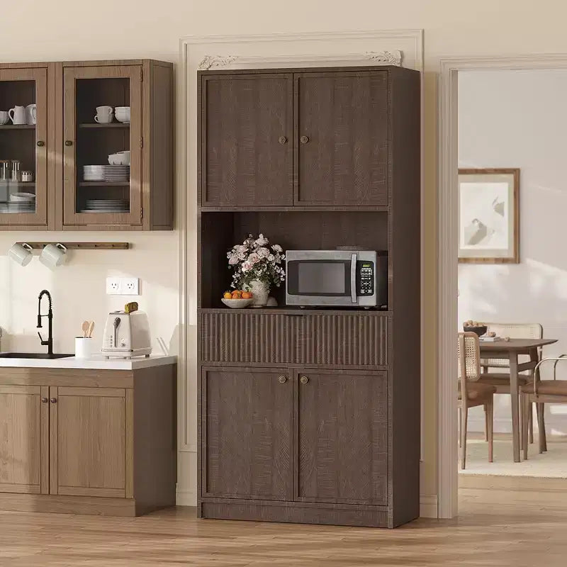 Dispensa Alta 70 con Piano di Lavoro, Mobili Alti Scanalati con Ante e Cassetto, per Bagno, Sala da Pranzo, Soggiorno