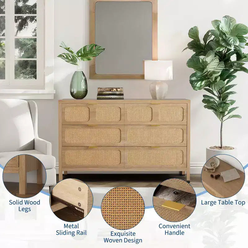 Comò a 6 cassetti, Cassettiera in Rattan per Camera da Letto con Maniglie in Metallo, Comò Contenitore in Legno Stile Fattoria per Camera da Letto, Soggiorno, Corridoio, Ingresso