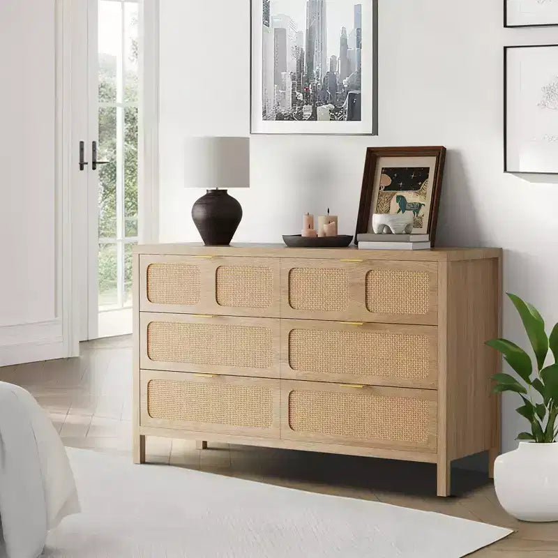 Comò a 6 cassetti, Cassettiera in Rattan per Camera da Letto con Maniglie in Metallo, Comò Contenitore in Legno Stile Fattoria per Camera da Letto, Soggiorno, Corridoio, Ingresso