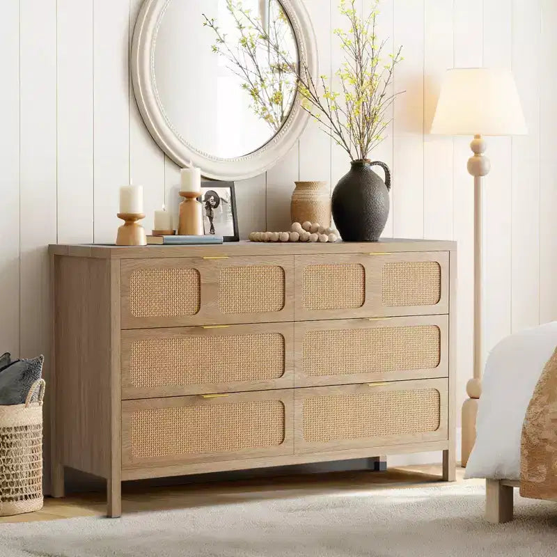 Comò a 6 cassetti, Cassettiera in Rattan per Camera da Letto con Maniglie in Metallo, Comò Contenitore in Legno Stile Fattoria per Camera da Letto, Soggiorno, Corridoio, Ingresso