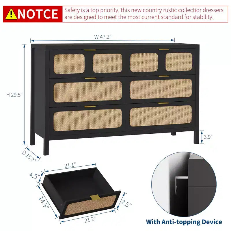Comò a 6 cassetti, Cassettiera in Rattan per Camera da Letto con Maniglie in Metallo, Comò Contenitore in Legno Stile Fattoria per Camera da Letto, Soggiorno, Corridoio, Ingresso