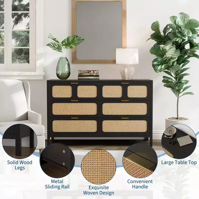 Comò a 6 cassetti, Cassettiera in Rattan per Camera da Letto con Maniglie in Metallo, Comò Contenitore in Legno Stile Fattoria per Camera da Letto, Soggiorno, Corridoio, Ingresso