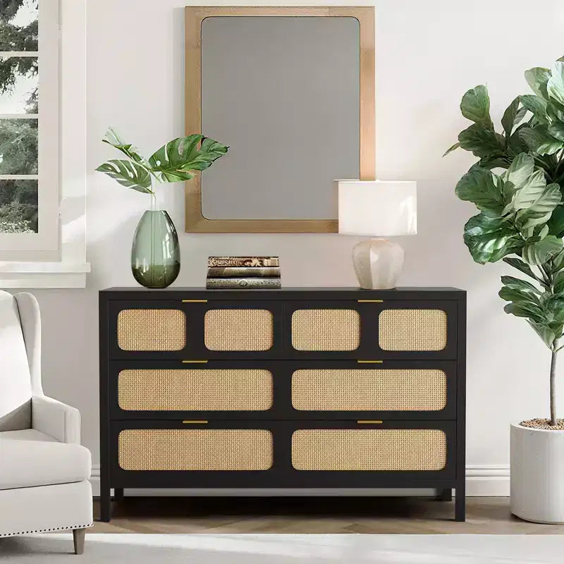 Comò a 6 cassetti, Cassettiera in Rattan per Camera da Letto con Maniglie in Metallo, Comò Contenitore in Legno Stile Fattoria per Camera da Letto, Soggiorno, Corridoio, Ingresso