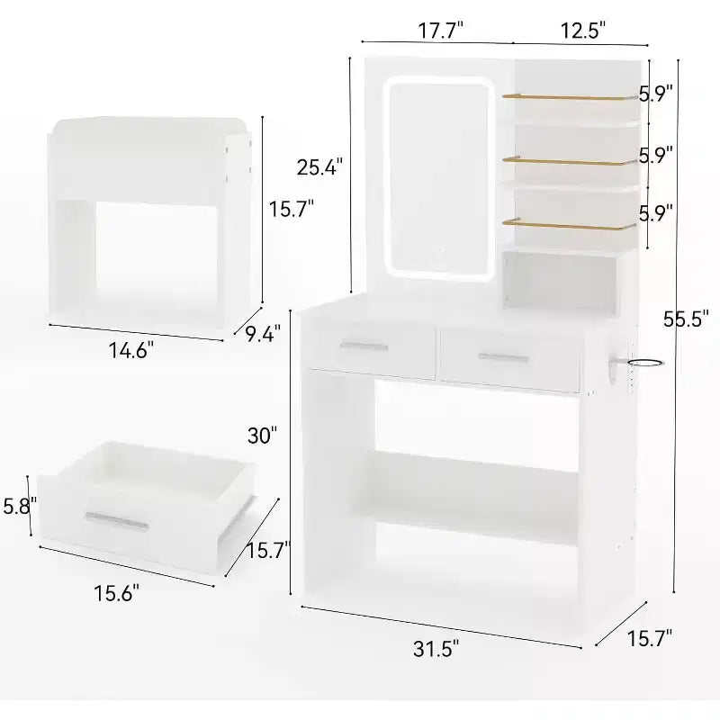 Tavolo da Trucco con Specchio Illuminato, Toeletta da Trucco con Presa di Corrente, 3 Colori di Illuminazione, Luminosità Regolabile, Tavolo da Trucco per Donne
