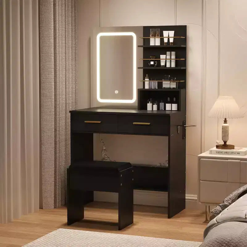 Tavolo da Trucco con Specchio Illuminato, Toeletta da Trucco con Presa di Corrente, 3 Colori di Illuminazione, Luminosità Regolabile, Tavolo da Trucco per Donne