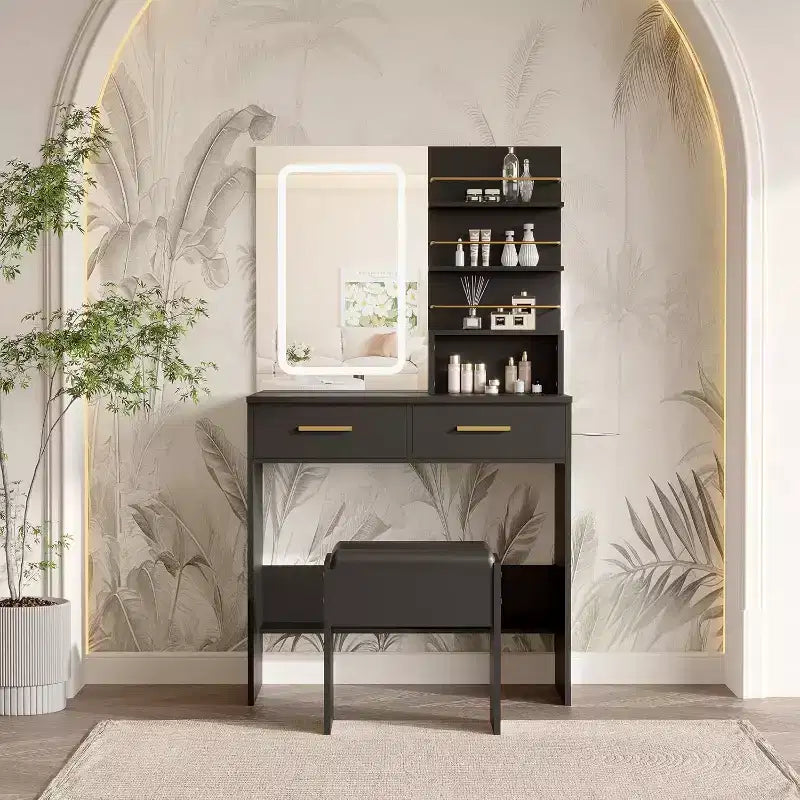 Tavolo da Trucco con Specchio Illuminato, Toeletta da Trucco con Presa di Corrente, 3 Colori di Illuminazione, Luminosità Regolabile, Tavolo da Trucco per Donne
