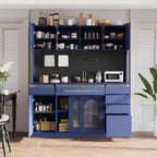 160 cm Wide Blue Buffet Storage Cabinet with Hutch, 6 Drawers and 5 Cabinets