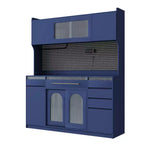 Mobile credenza blu con credenza superiore, larghezza 160 cm, con 6 cassetti e 5 ante