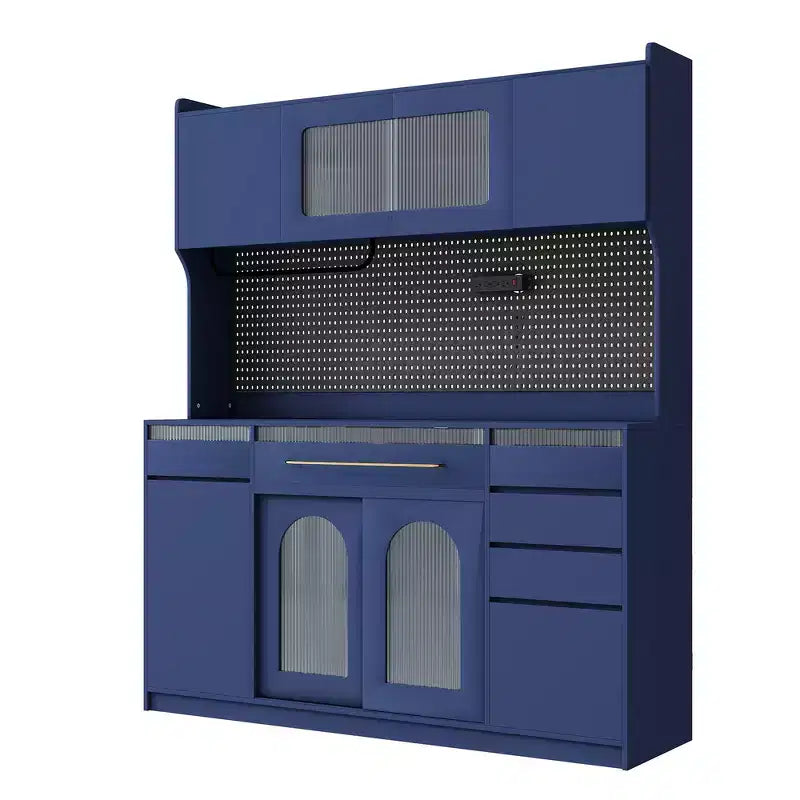 63''W Buffet indipendente e grande credenza per macchina da caffè con alzata, 6 cassetti, 5 ante - Blu