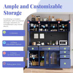 Mobile credenza blu con credenza superiore, larghezza 160 cm, con 6 cassetti e 5 ante