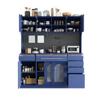 Mobile credenza blu con credenza superiore, larghezza 160 cm, con 6 cassetti e 5 ante