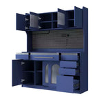 Mobile credenza blu con credenza superiore, larghezza 160 cm, con 6 cassetti e 5 ante