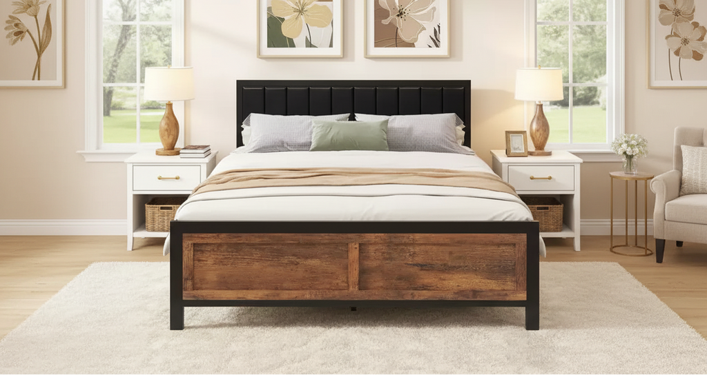 Dyonery Queen Bed Frame with 4 Storage Drawers, Metal Platform Bed with PU Leather Upholstered Headboard, No Box Spring Needed, Noise Free