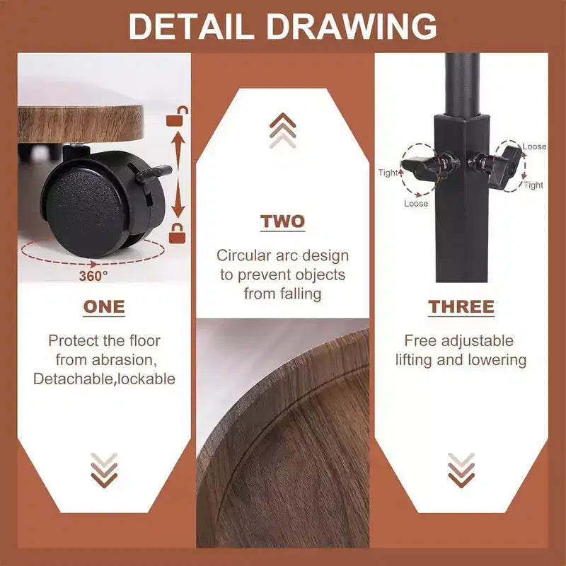 Tavolino rotondo a 2 ripiani, tavolino girevole a 360° regolabile in altezza con contenitore e ruote, tavolino mobile per soggiorno, bagno, camera da letto