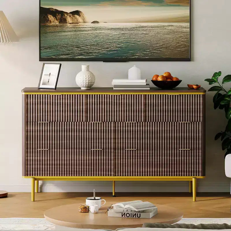 Comò a 7 cassetti per camera da letto, cassettiera scanalata in legno con mobiletto contenitore, design curvo, mobile TV con maniglie in metallo dorato per soggiorno