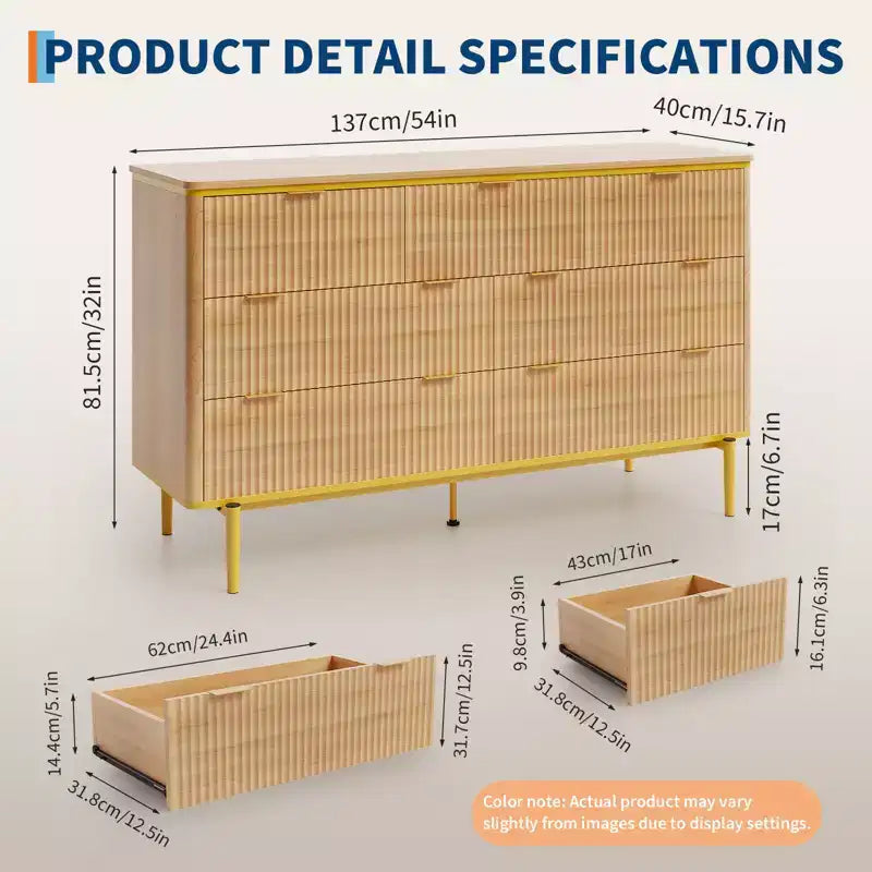 Comò a 7 cassetti per camera da letto, cassettiera scanalata in legno con mobiletto contenitore, design curvo, mobile TV con maniglie in metallo dorato per soggiorno