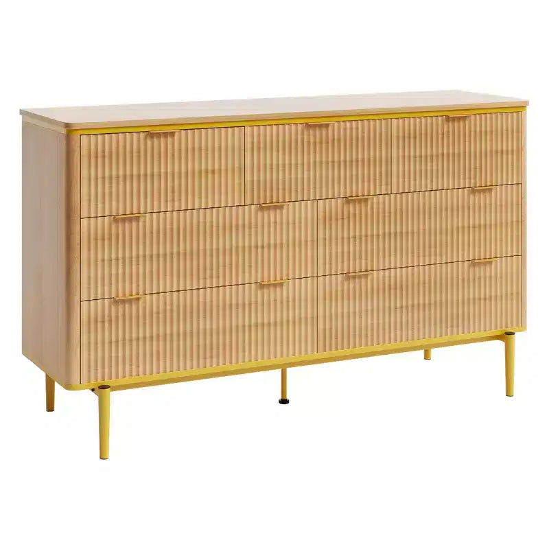 Comò a 7 cassetti per camera da letto, cassettiera scanalata in legno con mobiletto contenitore, design curvo, mobile TV con maniglie in metallo dorato per soggiorno