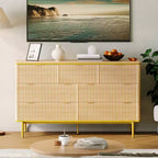 Comò a 7 cassetti per camera da letto, cassettiera scanalata in legno con mobiletto contenitore, design curvo, mobile TV con maniglie in metallo dorato per soggiorno
