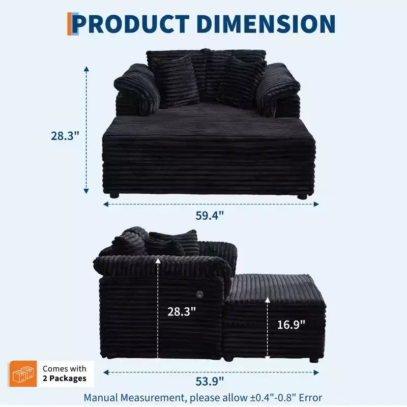 Poltrona chaise longue oversize da interno, comodo divano lounge in velluto a coste con ampi braccioli imbottiti e cuscini decorativi, accogliente divano letto per soggiorno